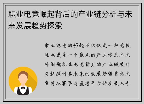 职业电竞崛起背后的产业链分析与未来发展趋势探索 职业电竞崛起背后的产业链分析与未来发展趋势探索